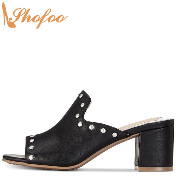 

black high chunky heels sandals woman square toe rivet slip on large size 14 15 ladies summer fashion casual mature shoes shofoo