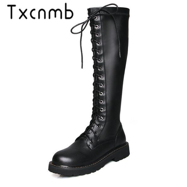 

txcnmb 2019 new genuine leather boots buckle zipper knee high boots autumn winter women fashion shoes woman, Black