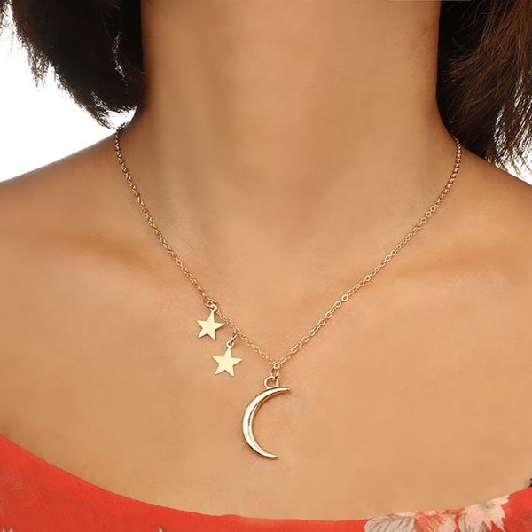 

simple trendy cute star moon pendant necklaces for women vintage gold chains geometric clavicle necklace jewelry girls gift yn02, Golden;silver