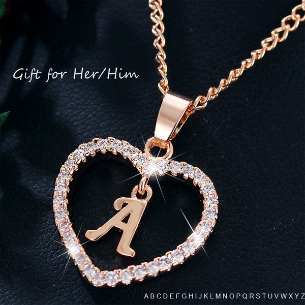 

26 Alphabet Crystal Chain Heart Necklace Fashion Silver Gold Ladies Alloy Love Chain Pendant Simple Lovers Letter 389