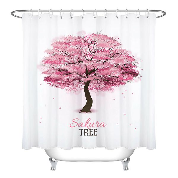 2019 Pink Cherry Tree Bathroom Shower Curtain Durable Fabric