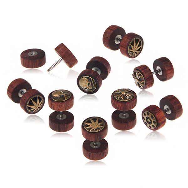 

10mm wooden dumbbell stud earrings for women men punk ufo cross alien lion tree of life sign round wood earrings fashion jewelry, Golden;silver