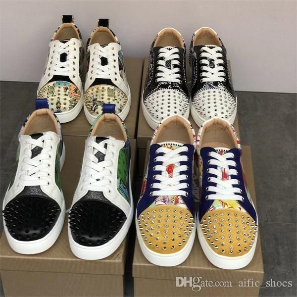 

2020 fashion men's flat red bottom roller-boat shoes low-leather spikes sneaker designer pik boat women trainers running party shoes, Black