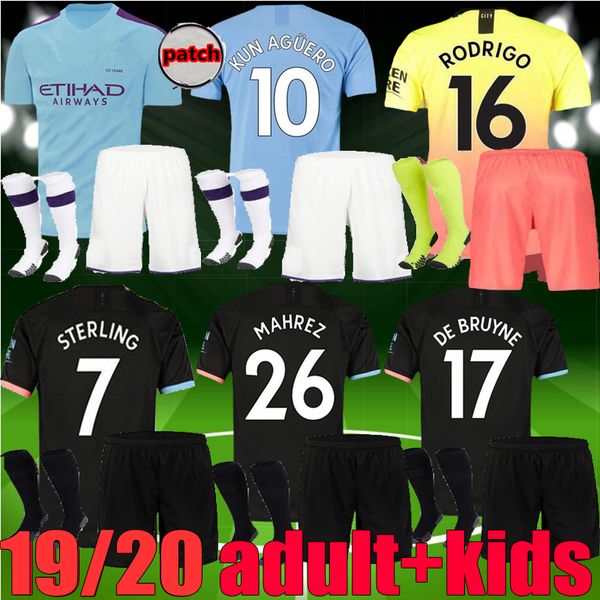

19 20 manchester kids city soccer jersey kit 2019 2020 mahrez de bruyne kun aguero jesus sane men child football sets shirt, Black