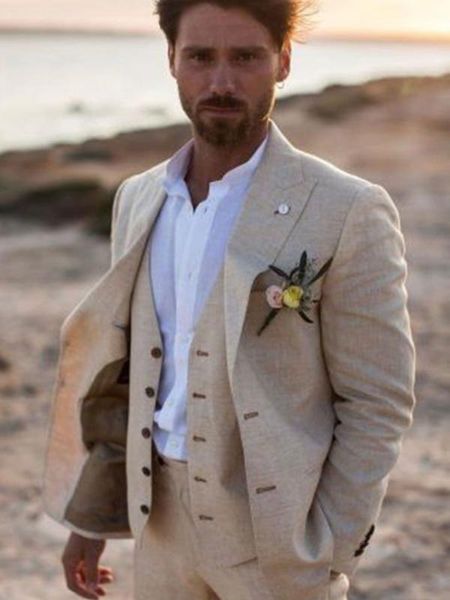 

anniebritney 2020 summer khaki formal 3 piece linen men suit cutsom slim fit groom wedding tuxedo linen prom wedding suit set, White;black
