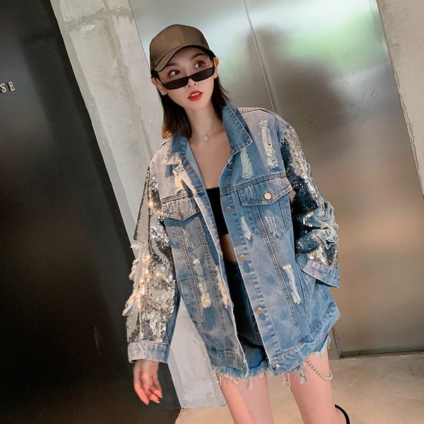 

7mang 2019 women streetwear punk jeans jackets novelty hole silver sequins party loose denim jackets 0812, Black;brown