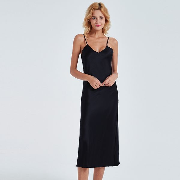 

lakysilk]v-neck nightgowns women sleeveless solid black red night dress female smooth silk satin long sleepshirts -2xl