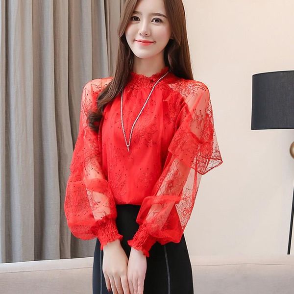 

women casual ruffles lace blouses elegant solid printed plus size shirt butterfly sleeve perspective chiffon shirt, White