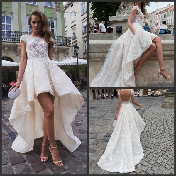 

2019 new stylish high low backless wedding dresses with cap sleeves a-line bateau neck tulle lace appliqued short bridal gowns, White
