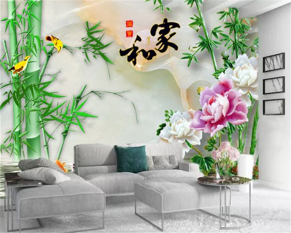 

mural 3d wallpaper 3d jade carving peony green bamboo custom hd interior decoration silk mural wallpaper