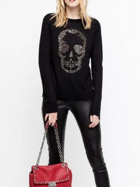 

autumn cashmere black knitwear drilling skull o-neck long-sleeved ladies knitted sweater bottoming shirt pullover top, White;black