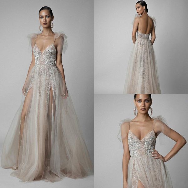 Bohemia 2019 Berta Brautkleider Sexy Side Split Spaghetti-Ausschnitt Spitze Perlen Strandhochzeitskleid Brautkleider Robe De Mari￩e