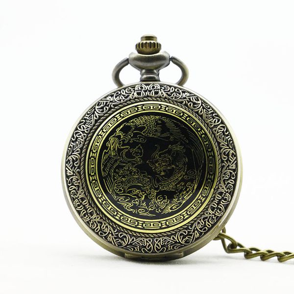 

antique bronze dragon phoenix quartz pocket watch pendant with chain necklace gift for women men pb626, Slivery;golden
