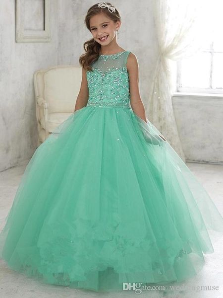 

2019 mint green little girls pageant платье тюль sheer crew neck бисер кристаллы корсет цветок девушка день рождение принцесса платье, White;red