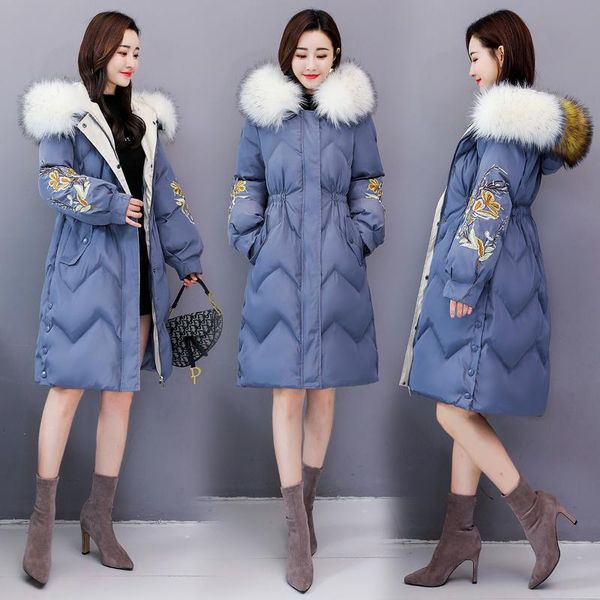 

cotton girls long fund 2019 winter clothes tide thickening cotton-padded jacket student down cotton embroidered waist, Black
