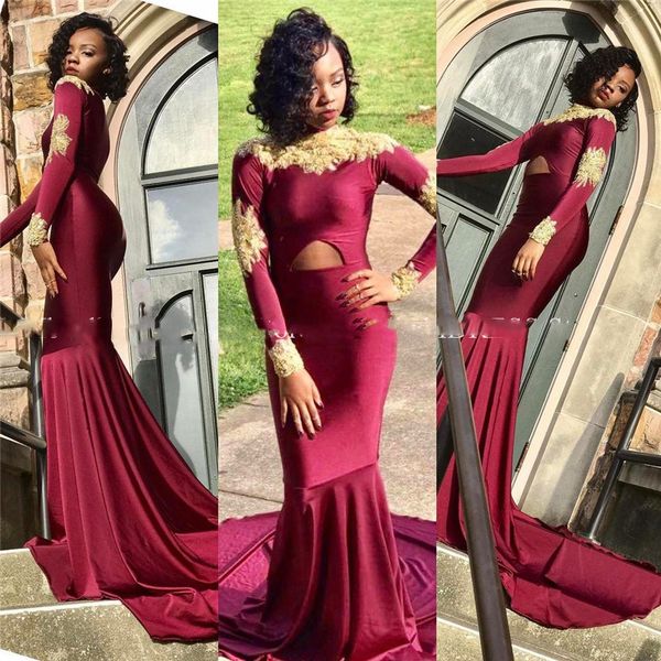 

vintage high neck mermaid prom dresses 2019 gold applique lace african evening gowns maxi formal black girls party gala dress