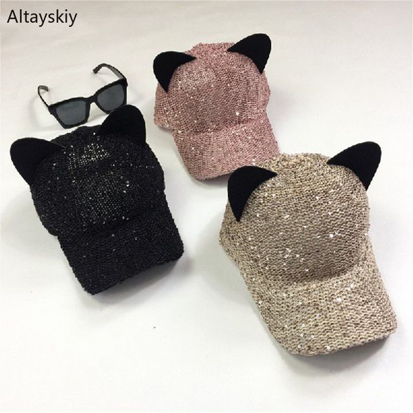 

baseball caps women kawaii knitted sequin breathable adjustable womens cap trendy korean style lovely all-match cartoon cat ears, Blue;gray
