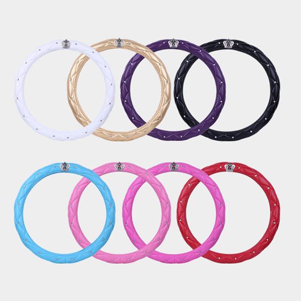 

crystal crown rhinestone covered car steering wheel cover leather auto steering-covers cases diamond for women girls car styling