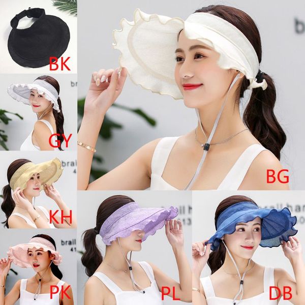 

women summer uv protection sun visor hat empty wavy ruffles large wide brim sunscreen roll-up foldable adjustable beach cap, Blue;gray