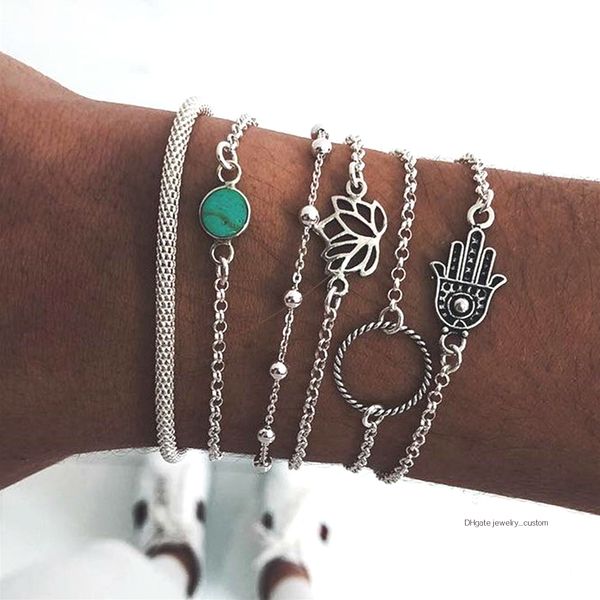 

6 шт. / компл. богемный браслет фатима рука полый лотос бисера gem скраб серебряный браслет набор женщины партия свадебные украшения, аксесс, Golden;silver