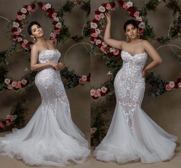 

gorgeous 3d lace appliques mermaid wedding dresses plus size african illusion bodice backless sweetheart bridal gowns custom made, White