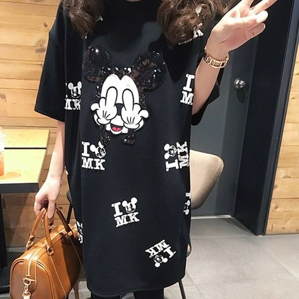 

2019 new runway summer t shirt short sleeve dress casual mickey cartoon mouse print women femme oversize dresses vestidos, Black;gray