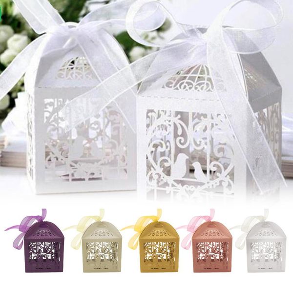 

40# beautiful 50pcs/set lace ribbon hollow love bird wedding favor sweets candy boxes gifts lace and ribbon decor
