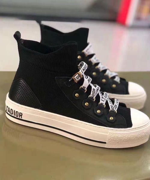 

Branded women black technical knit oblique high flat neaker de igner lady lace up leather rubber ole ca ual hoe, Blue;gray