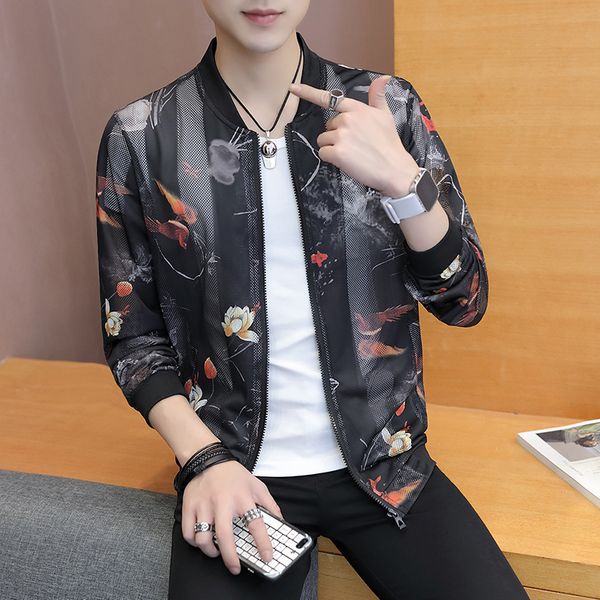 

2019 spring and autumn summer new fashion trend men's cotton slim windproof sunscreen print sports casual zip jacket, Black;brown