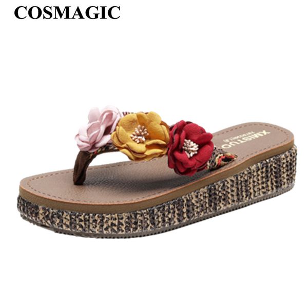 

cosmagic fashion bohemia style flower flip flops wedge slippers 2019 new women summer beach platform handmade med heel slide, Black