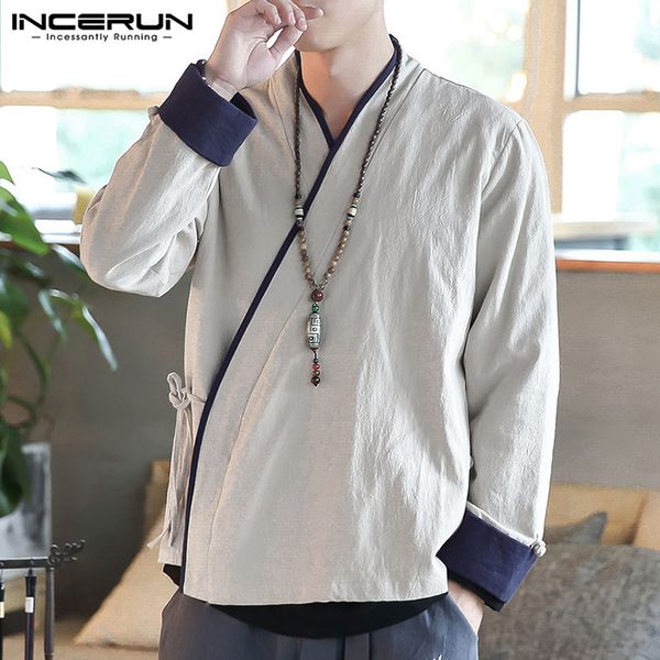 

incerun chinese style men shirt long sleeve cotton vintage v neck casual patchwork shirts 2019 camisa masculina 3xl, White;black