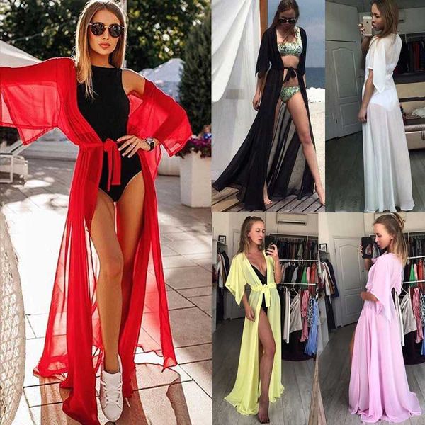 

women chiffon long cover up summer beachwear cardigan lace up tunic kaftan beach cover, White;black