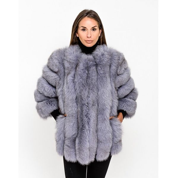 

ur 2019 fashion winter real fur coat women natural blue regular coat leather jacket nine quarter sleeves manteau femme, Black