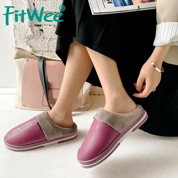 

fitwee winter cotton slippers women thicken fur bedroom flats slides shoes women waterproof warm plush footwear size 37-40, Black