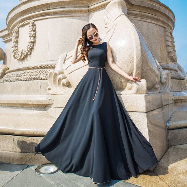 

new spring 2020 yousef aljasmi bohemian dresses scoop neck a-line ankle-length sleeveless zipper sashes round collar sleevele, Black;pink