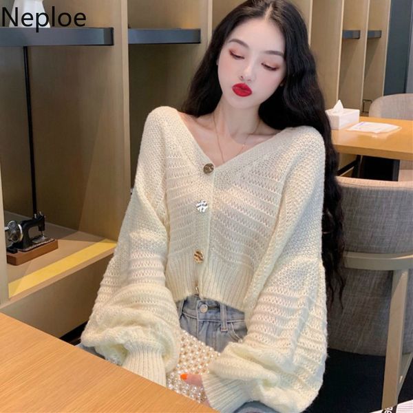 

neploe v neck lantern long sleeve knit cardigans sweater hollow out single breasted pull femme coat solid autumn jersey, White