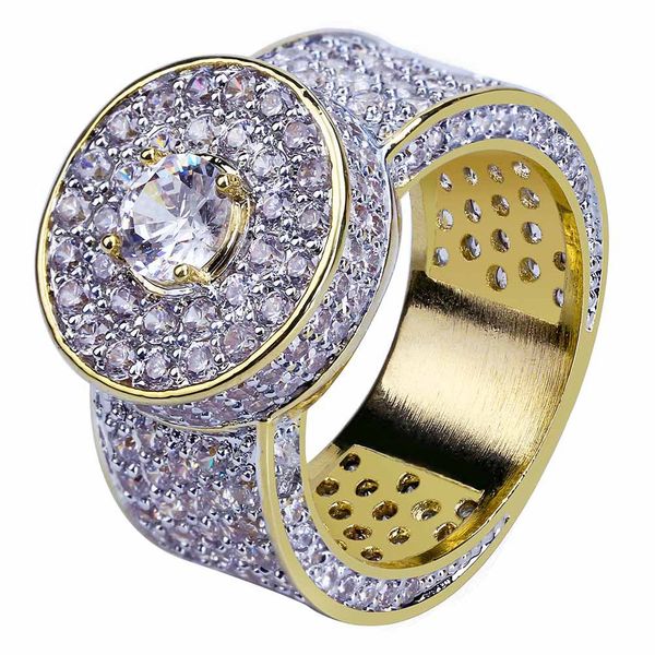 

18k gold plated cz cubic zircon iced out round ring band full diamond hip hop wedding ring rapper jewelry gifts for men and boys wholesale, Golden;silver