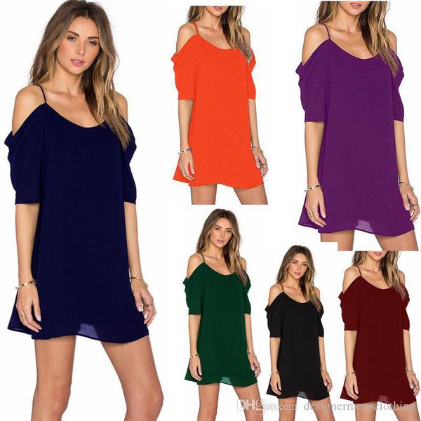 

новые летних шифоновых женщины beach holiday спагетти ремень платье сплошного цвет с плечом платья, Black;gray