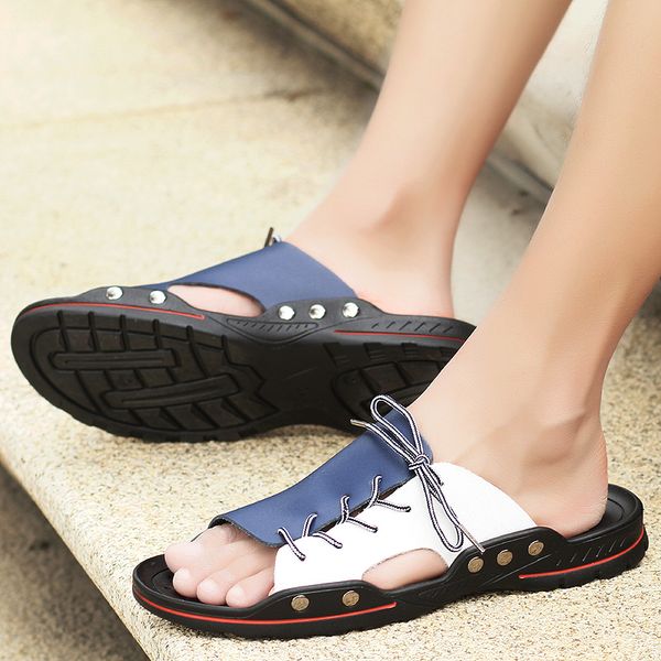 

fashion big size 38-58 mixed colors slippers men cross tie rivet design men slippers outdoor beach sandals soft male slides, Black