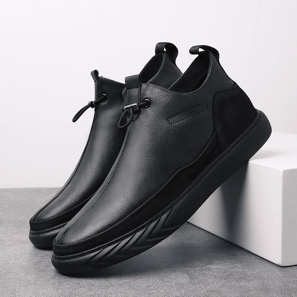 

trend new men ankle boots genuine leather man casual boots cow leather winter with fur warm male shoes size 38-44, Black