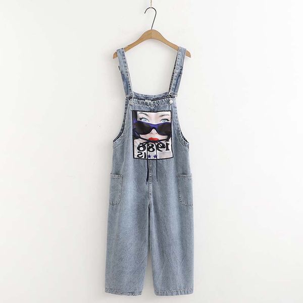 

korea literary new fashion vintage loose patch printing cowboy bib pants trousers woman, Blue