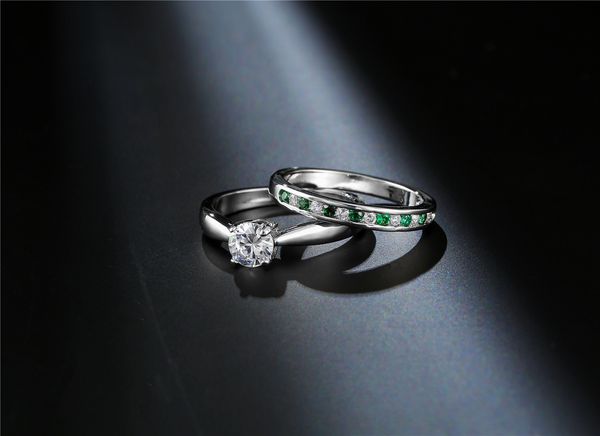 

fashion simple double green zircon women ring set elegant charm ladies wedding band finger ring jewelry size 6-10 anel feminino, Silver