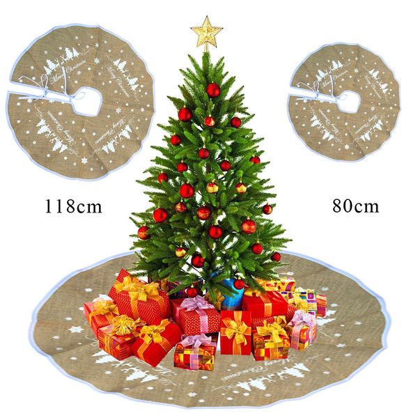 

80/118/120cm khaki burlap merry christmas tree skirt snowflake reindeer xmas ornament santa claus party decoration