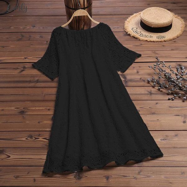 

women shirt v neck dress 2020 summer party sundress solid v neck short sleeve lace crochet hollow short vestido female robe, Black;gray