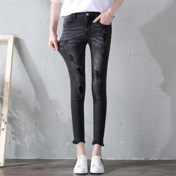 

2020 spring and autumn women ripped distressed skinny high waist denim pencil pants slim jeggings denim trousers z26, Blue
