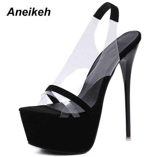 

aneikeh 2019 fashion new 16 cm platform high heels sandals summer slip-on open toe gladiator party thin heels women shoes, Black