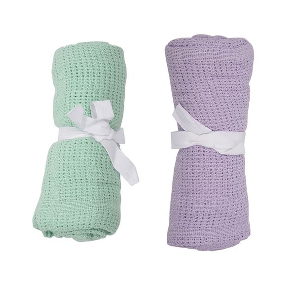 

2x 100% cotton baby infant cellular soft blanket pram cot bed mosses basket crib color:fruit green & light purple