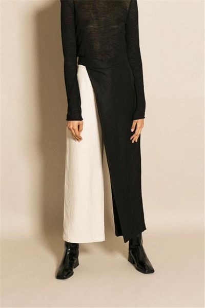 

ael black and white splicing broad leg pants women hight waist asymmetric trousers 2018 new spring female clothing, Black;white