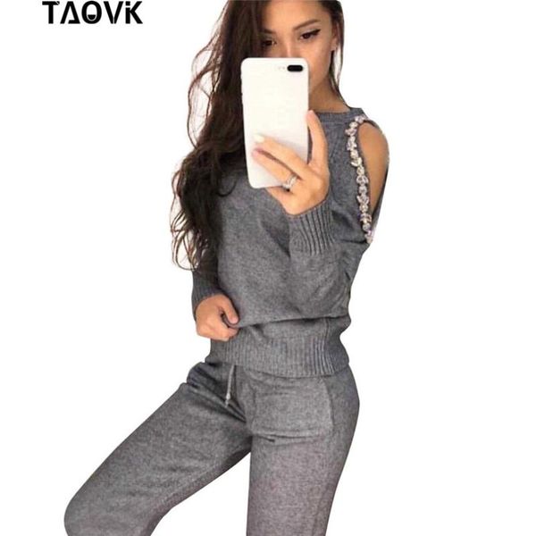 

taovk sparkle diamonds open shoulder sweater suits knitted pants two piece set female winter costumes track suit for women, White