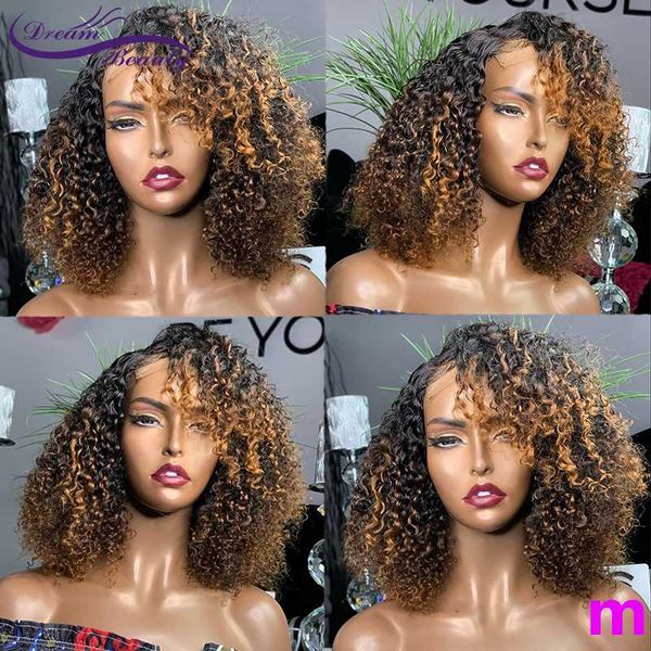 

13x4 honey blonde curly wig ombre highlight lace front human hair wigs remy peruvian lace frontal wig 180 density dream beauty, Black;brown